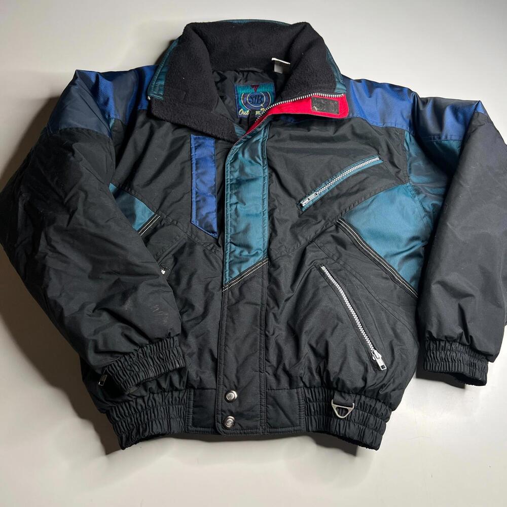 Vintage 90s St Johns Bay Outdoorsman Ski Jacket Black Blue Nylon Insulated Mens